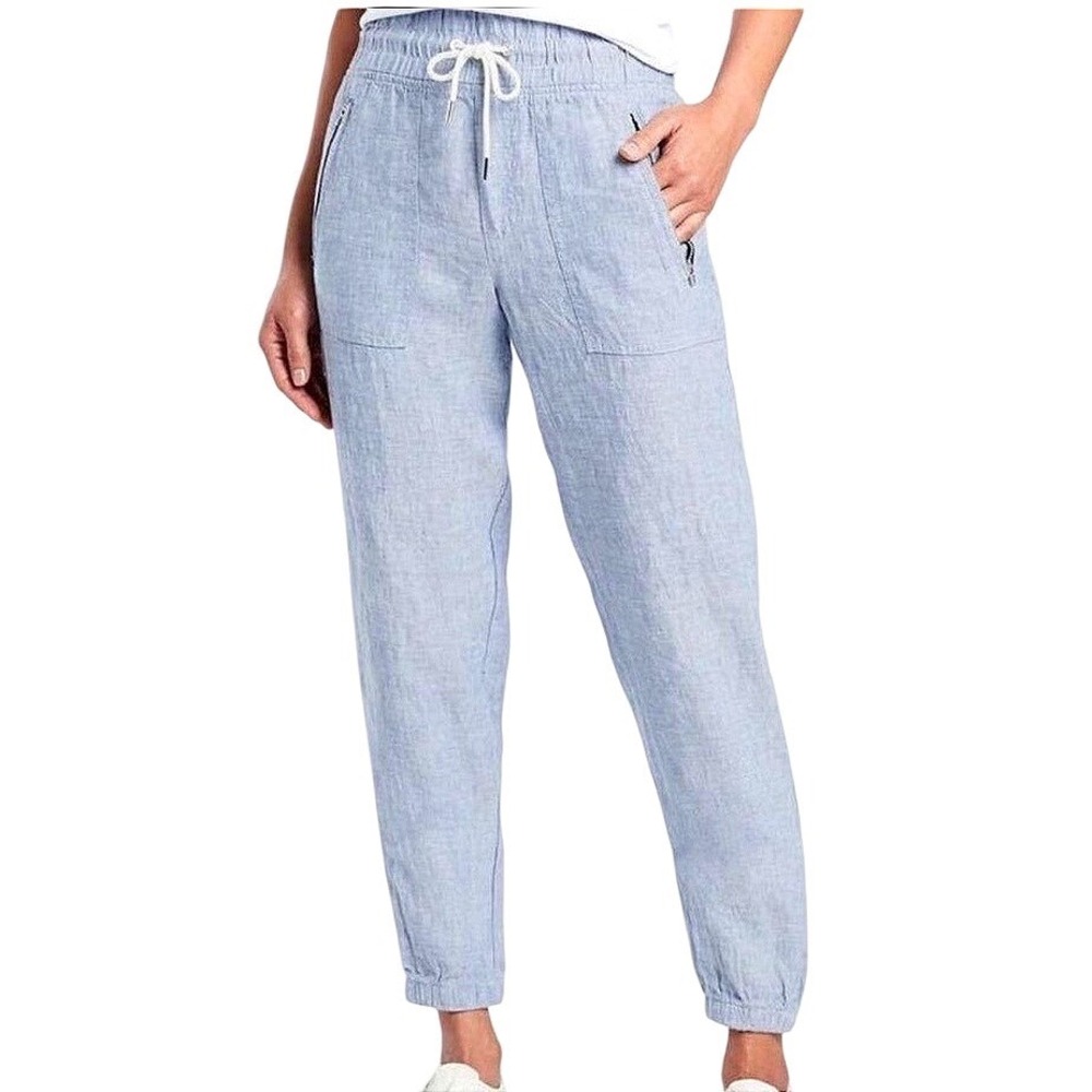 Athleta Cabo Linen Jogger Blue Chambray Drawstring Zipper Pockets 4